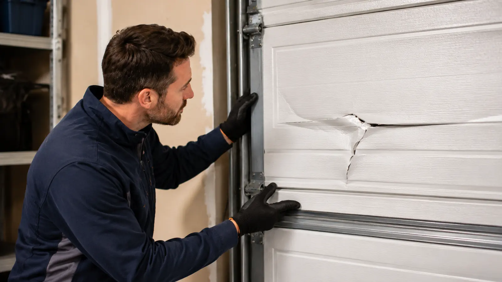 Technician inspecting a damaged residential garage door panel