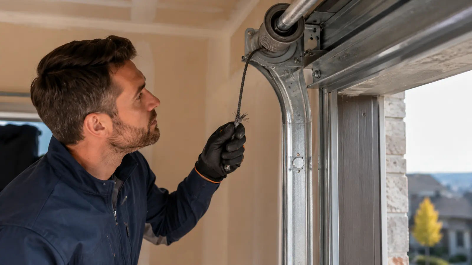 Technician inspecting a frayed garage door cable near the track