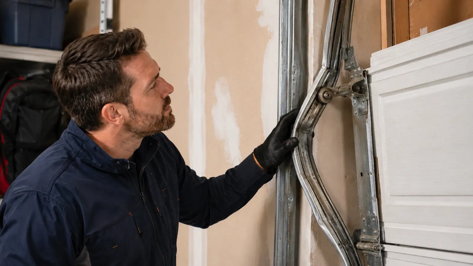 Technician inspecting a garage door roller and track issue