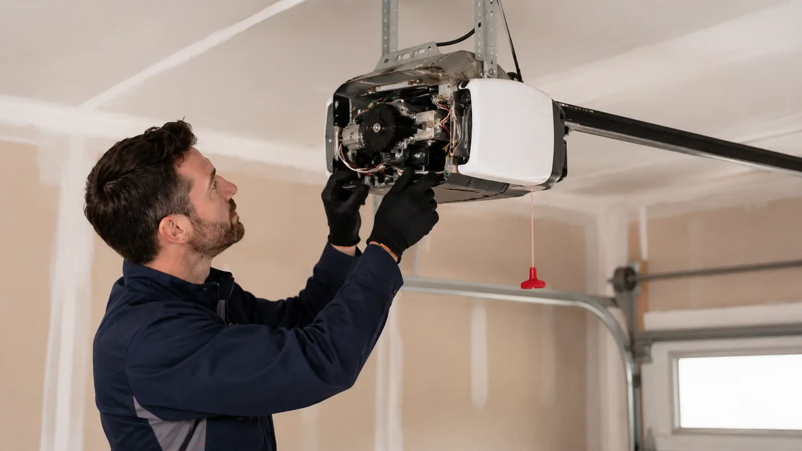 Technician inspecting an open garage door opener motor