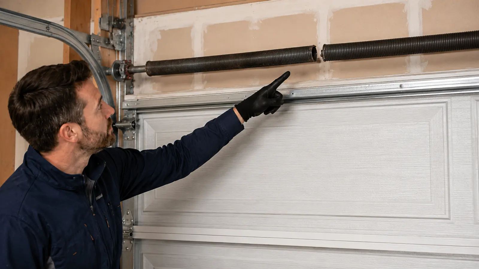 Technician pointing at a broken garage door torsion spring