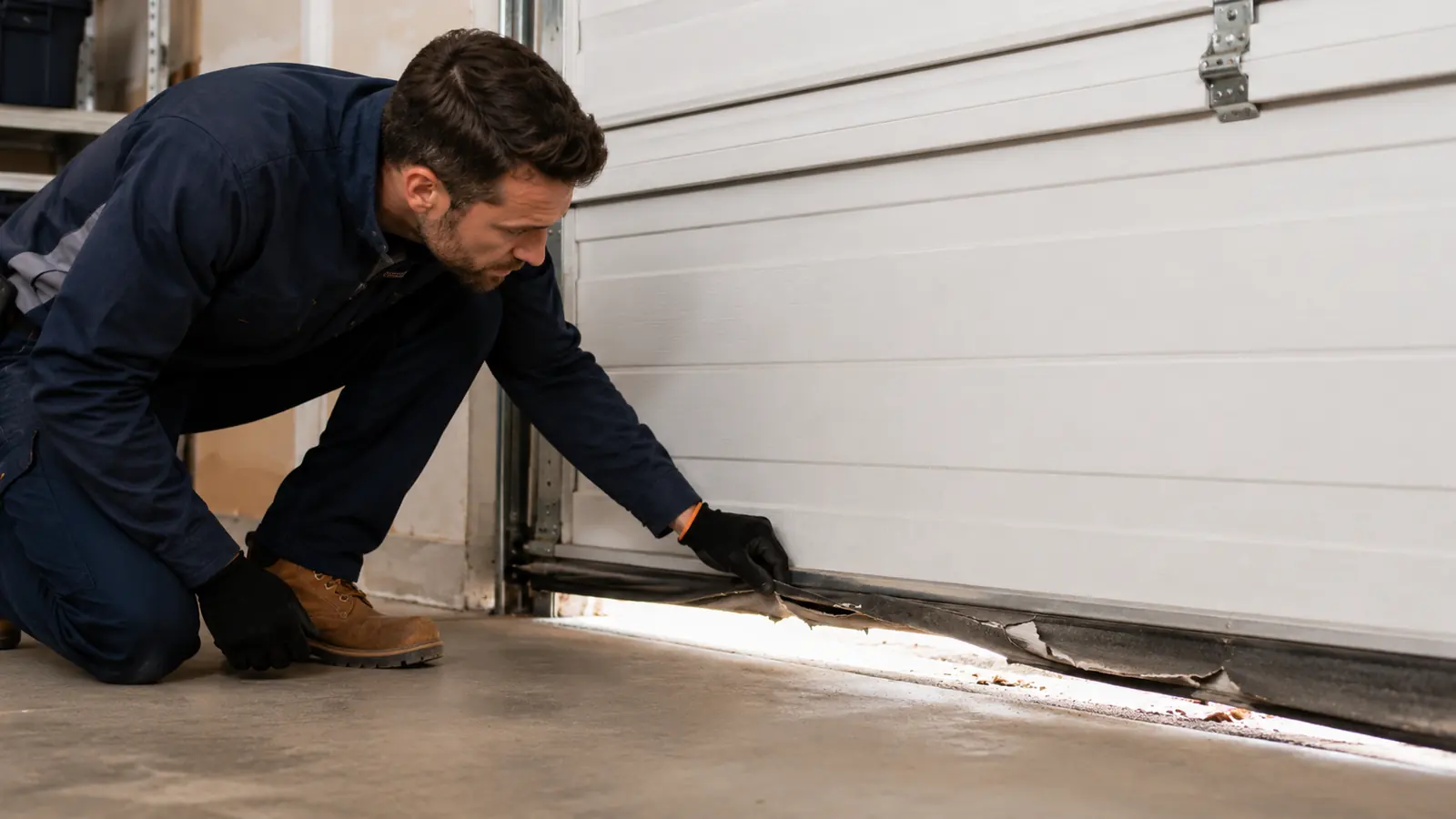Technician checking the bottom of a stuck closed garage door