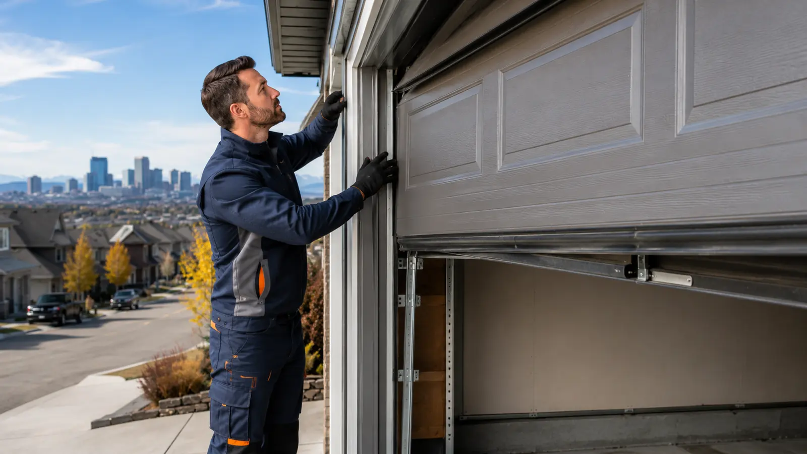 Technician checking a partly open garage door in Calgary