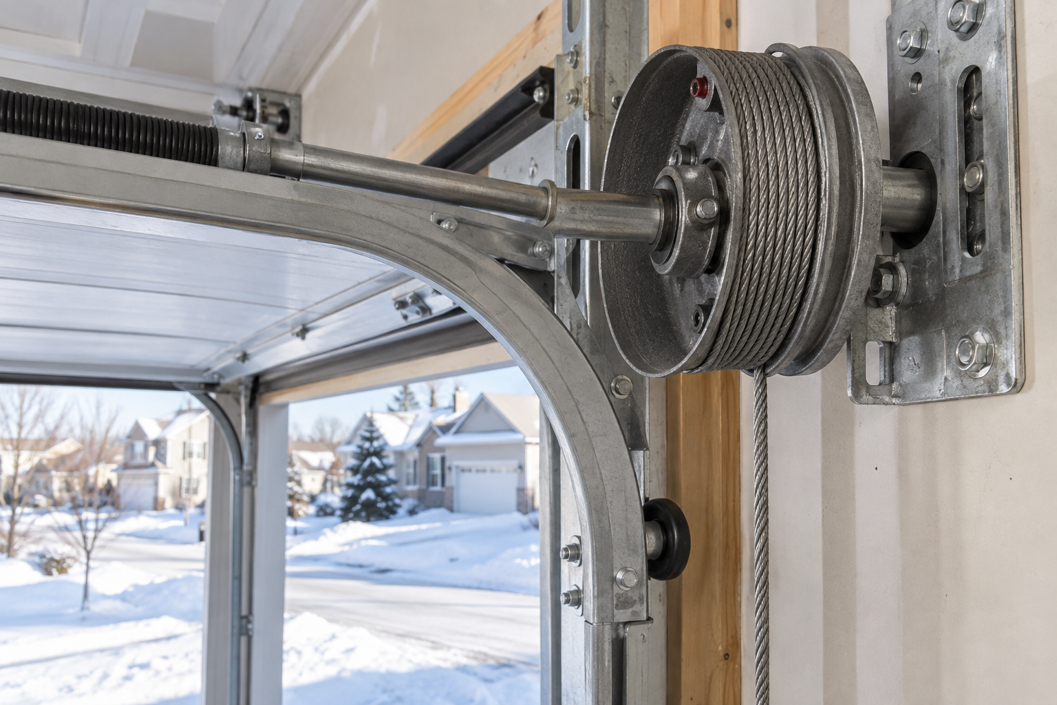 Garage door lift cable and drum under tension