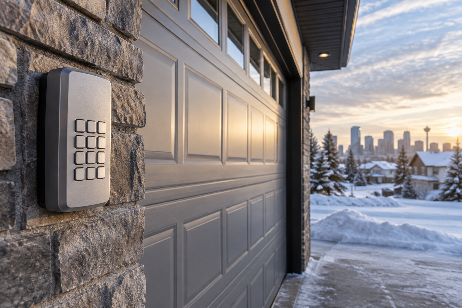 Exterior garage door keypad beside a Calgary home