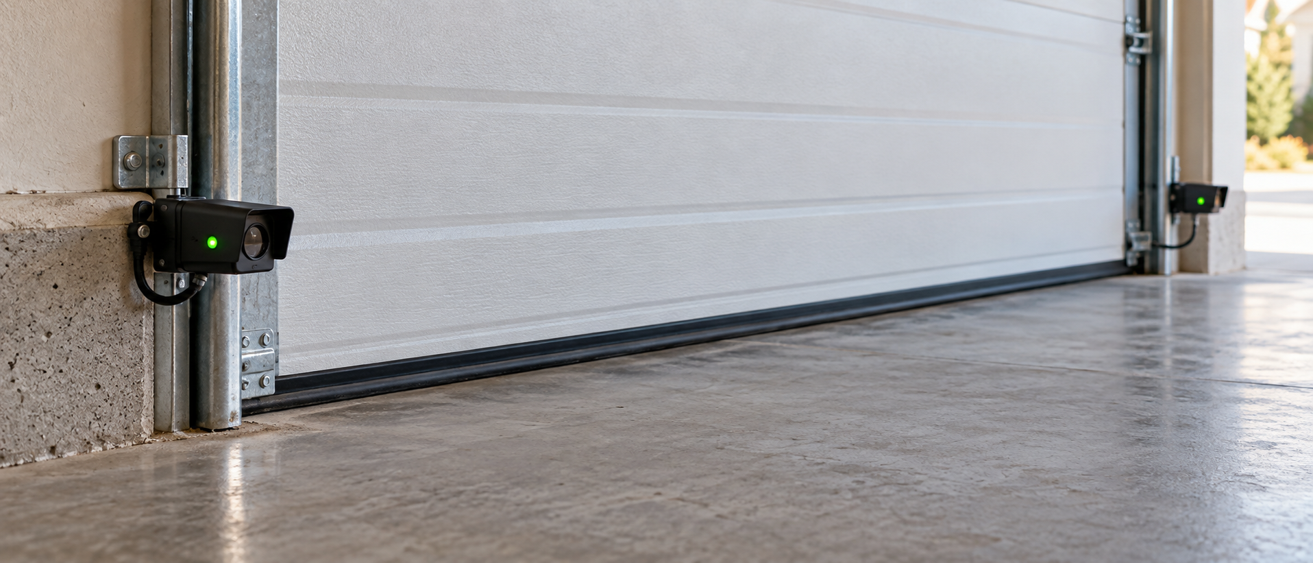 Garage door safety sensors positioned near the floor of a Calgary home