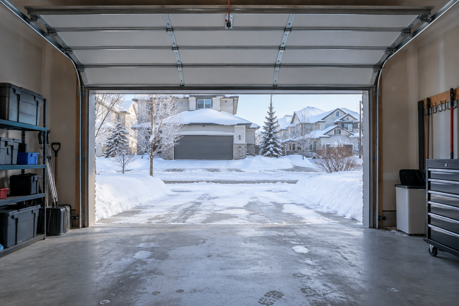 Residential garage door stuck open in a snowy Calgary neighborhood