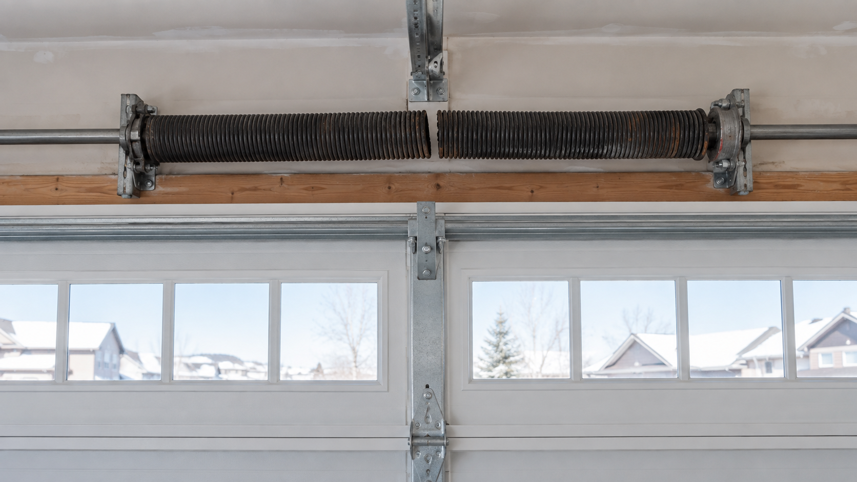 Worn garage door spring assembly above a Calgary garage door