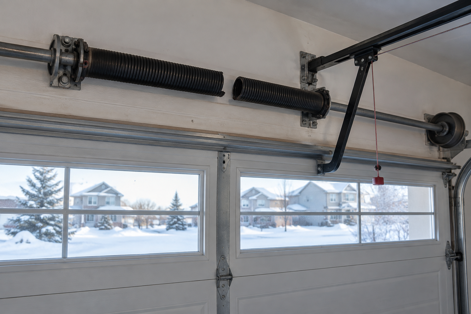 Broken torsion spring above a Calgary residential garage door