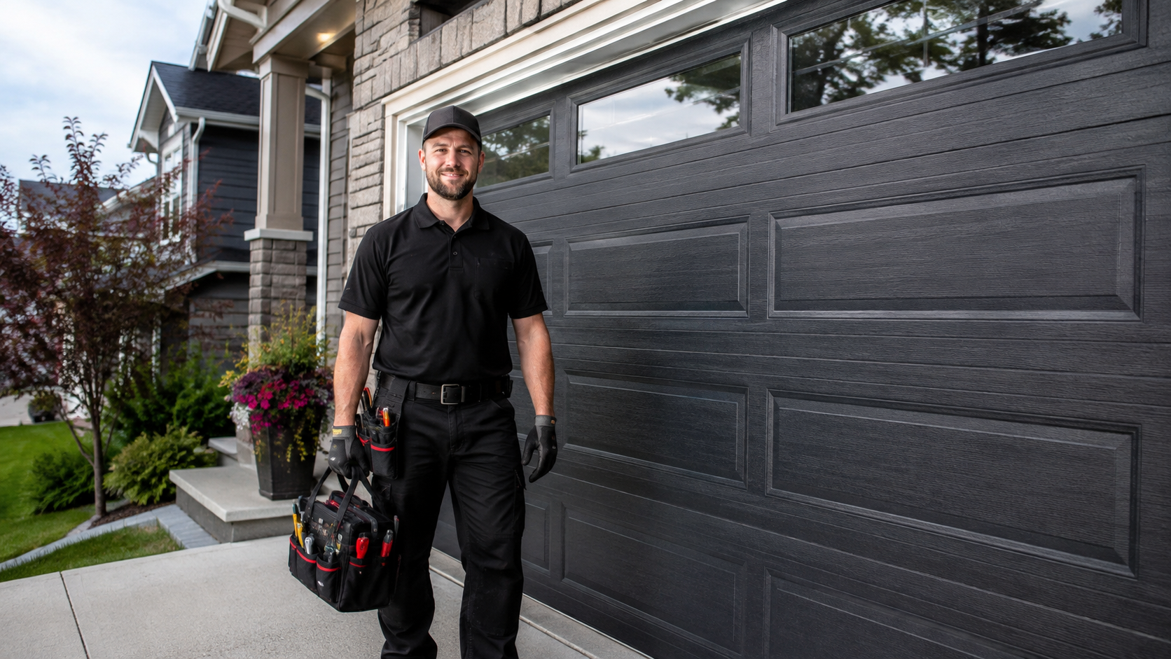 Garage door service technician standing beside a modern Calgary garage door