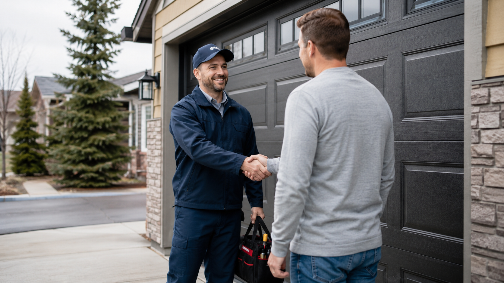 Garage door service technician greeting a homeowner beside a residential garage door