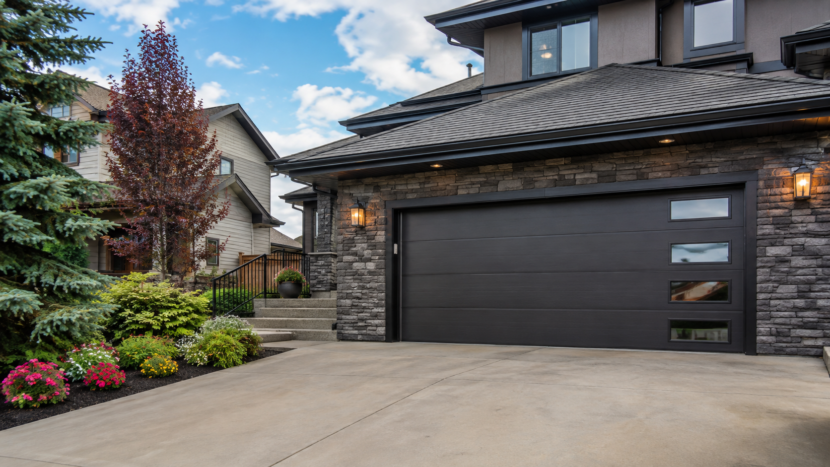 Modern residential garage door on a Calgary home exterior