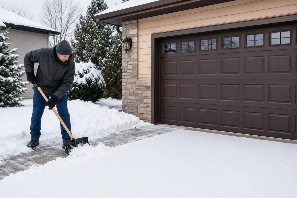 Snow being cleared from the path in front of a residential garage door