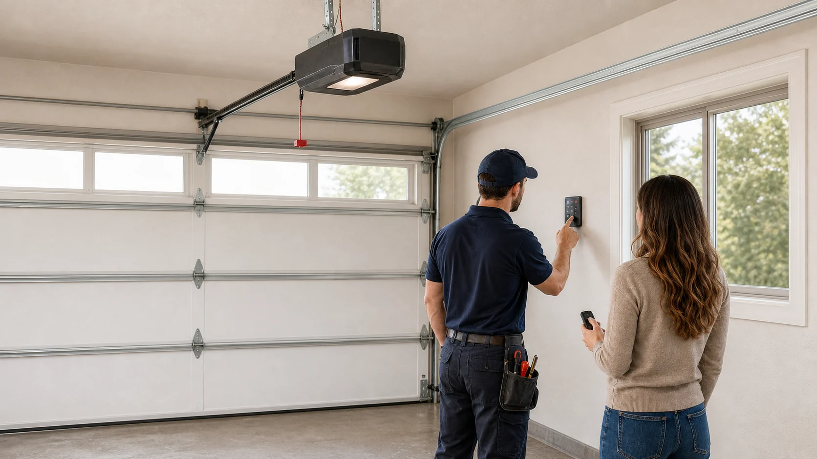 Homeowner and technician looking at a garage door keypad in a residential garage