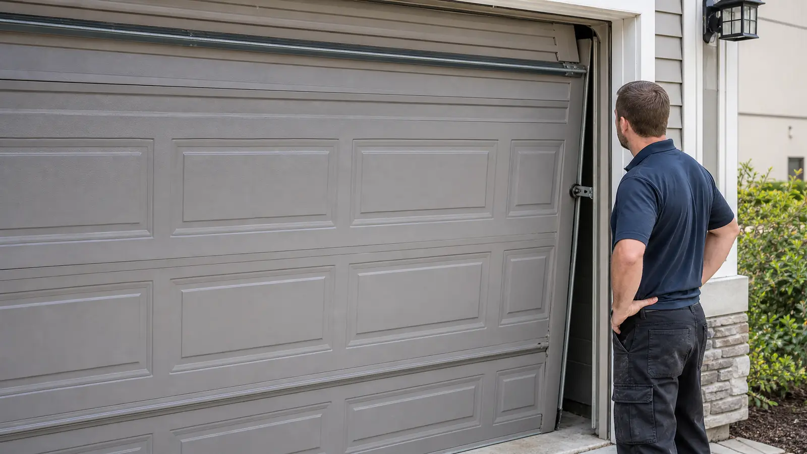 Residential garage door that appears uneven near the track