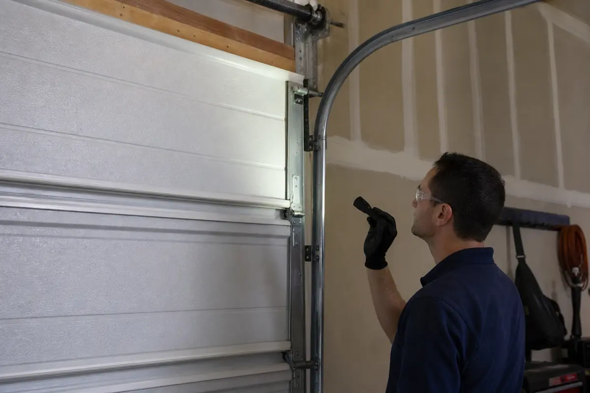 Garage door track and roller area being inspected from a safe position