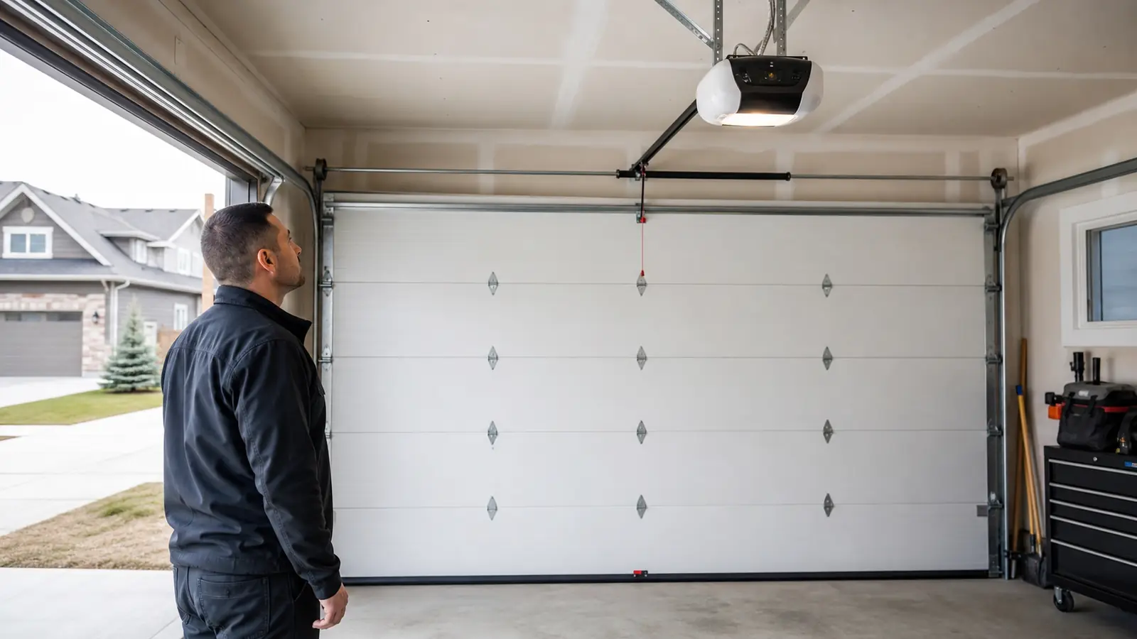Garage door opener and rail inside a residential garage