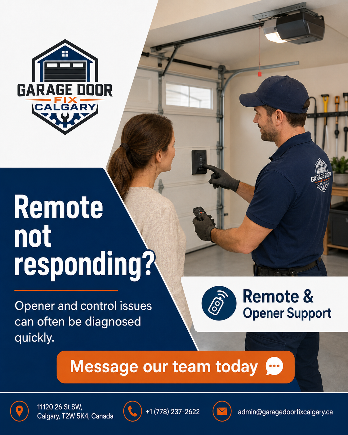 Garage Door Fix Calgary technician reviewing remote and opener controls