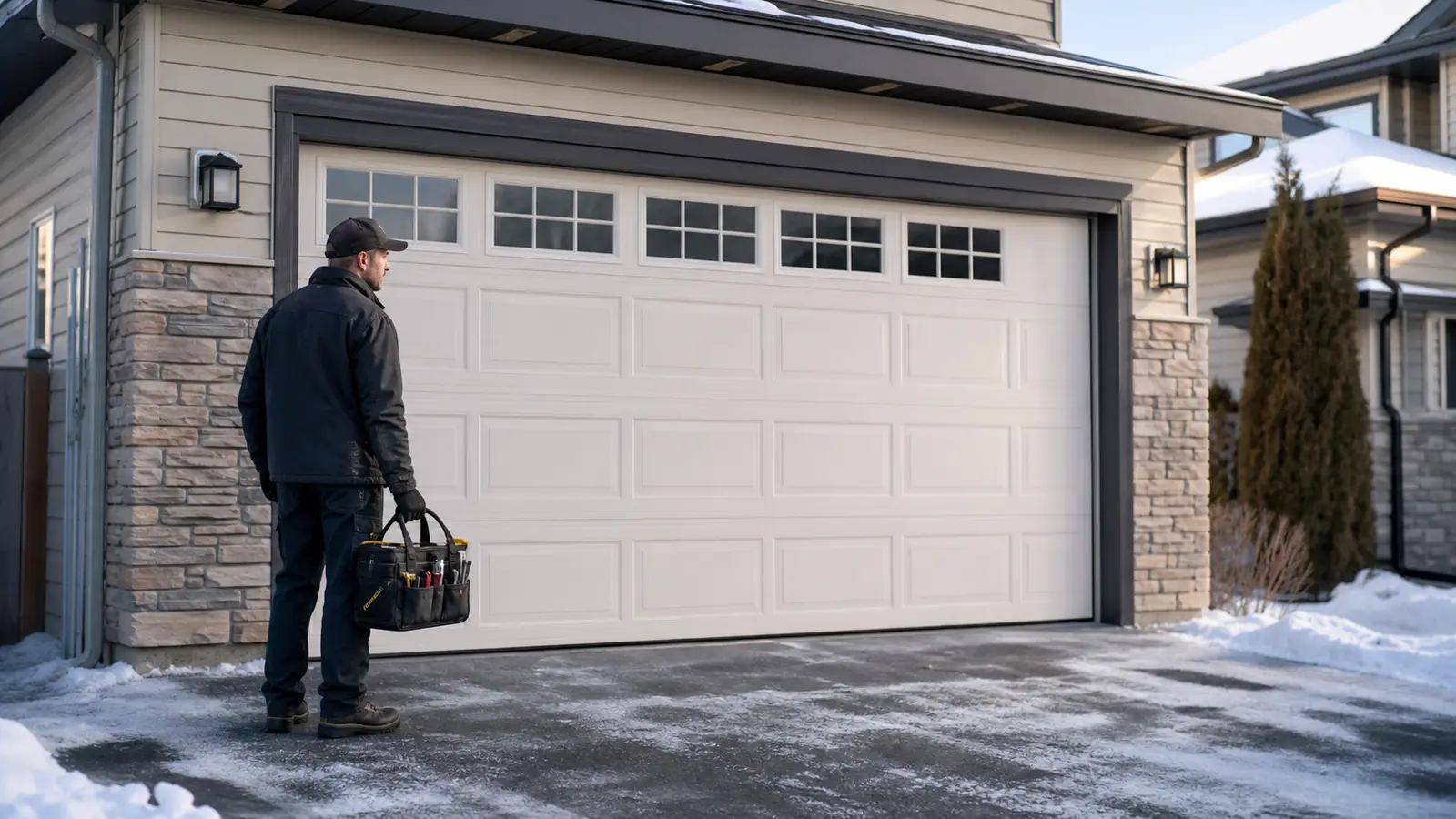 Technician standing safely outside a residential Calgary garage door
