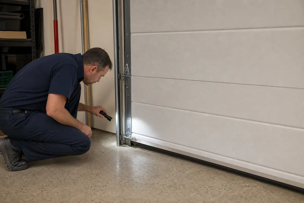 Garage door inspection scene for a Calgary residential repair request