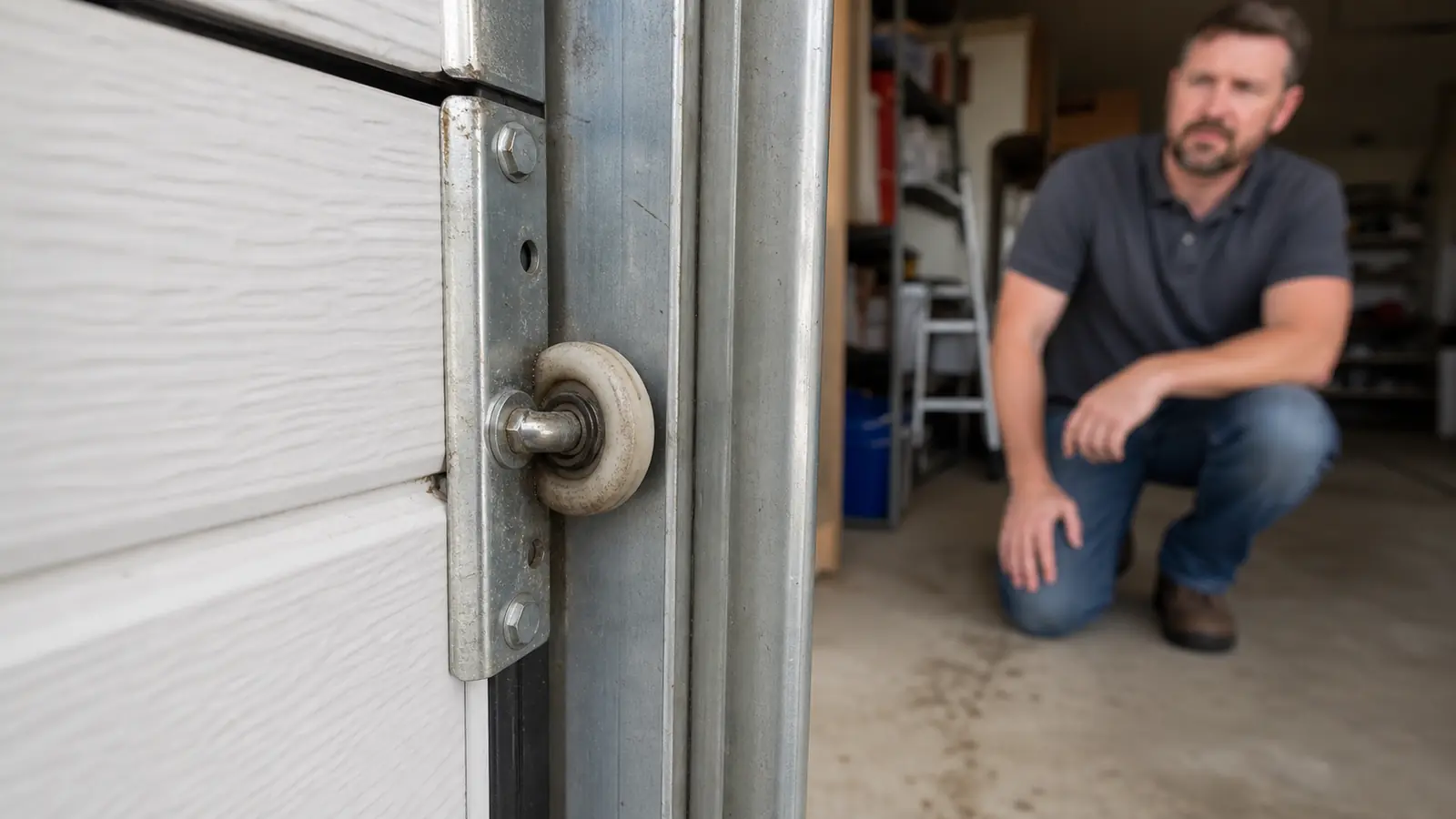 Garage door roller and track viewed during a residential inspection