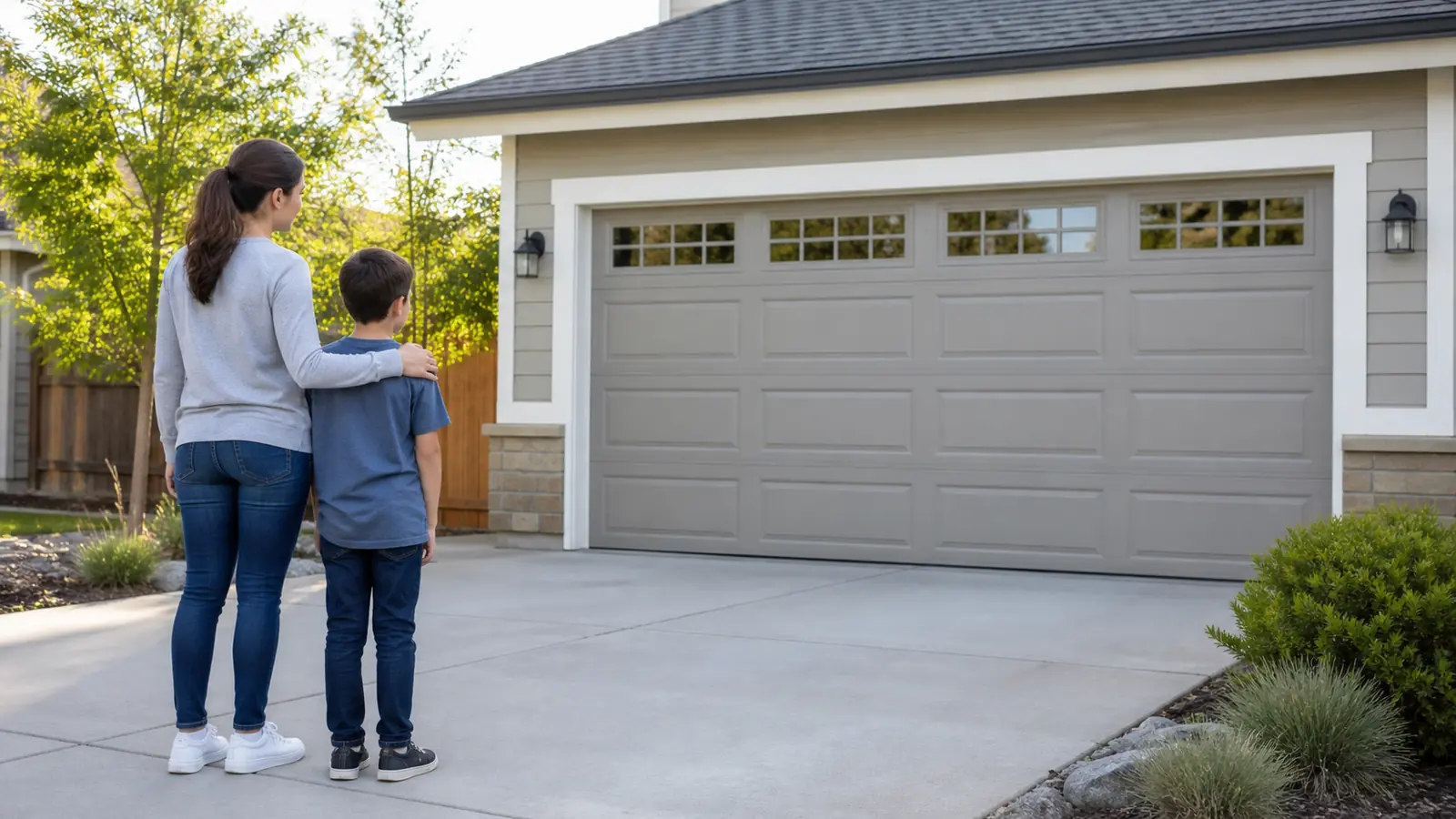 Family standing safely away from a closed residential garage door